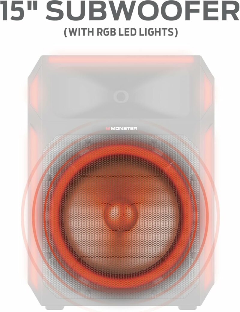 Monster X6 All-in-One Bluetooth Speaker System, Party Speaker, PA | 600W Power, 15" Sub | Beat Synced LED Lights, All Terrain Wheels, TWS Pairing, App Control | Includes Adjustable Tripod & Microphone - Image 7