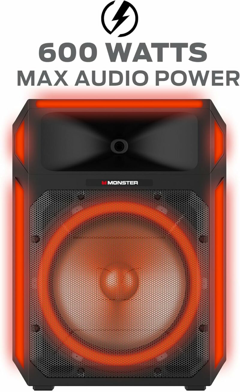 Monster X6 All-in-One Bluetooth Speaker System, Party Speaker, PA | 600W Power, 15" Sub | Beat Synced LED Lights, All Terrain Wheels, TWS Pairing, App Control | Includes Adjustable Tripod & Microphone - Image 8